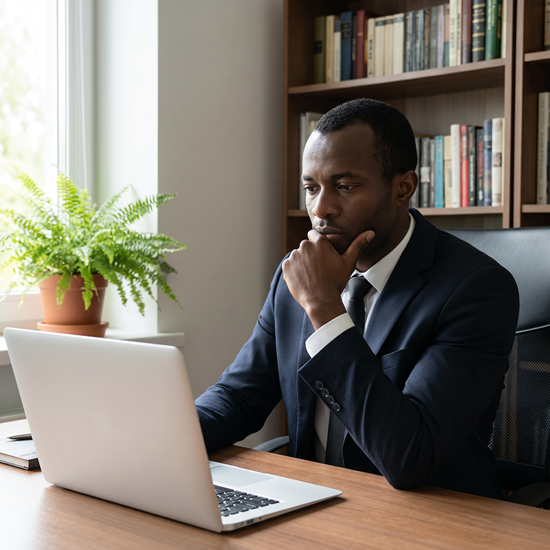 A black man is formally dressed, sitting in his office, with a bookshelf in the background. He gazes thoughtfully at his laptop.
