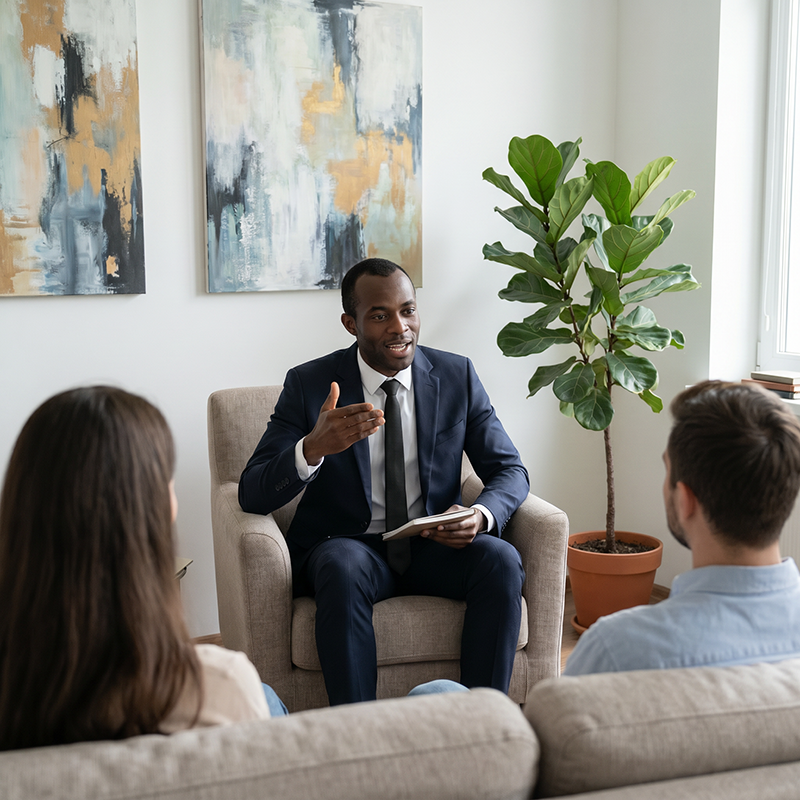 A formally dressed Black man sits in an armchair in a well-decorated office, conversing and gesturing, holding a notebook. He is talking to a couple whose backs are to the camera.
