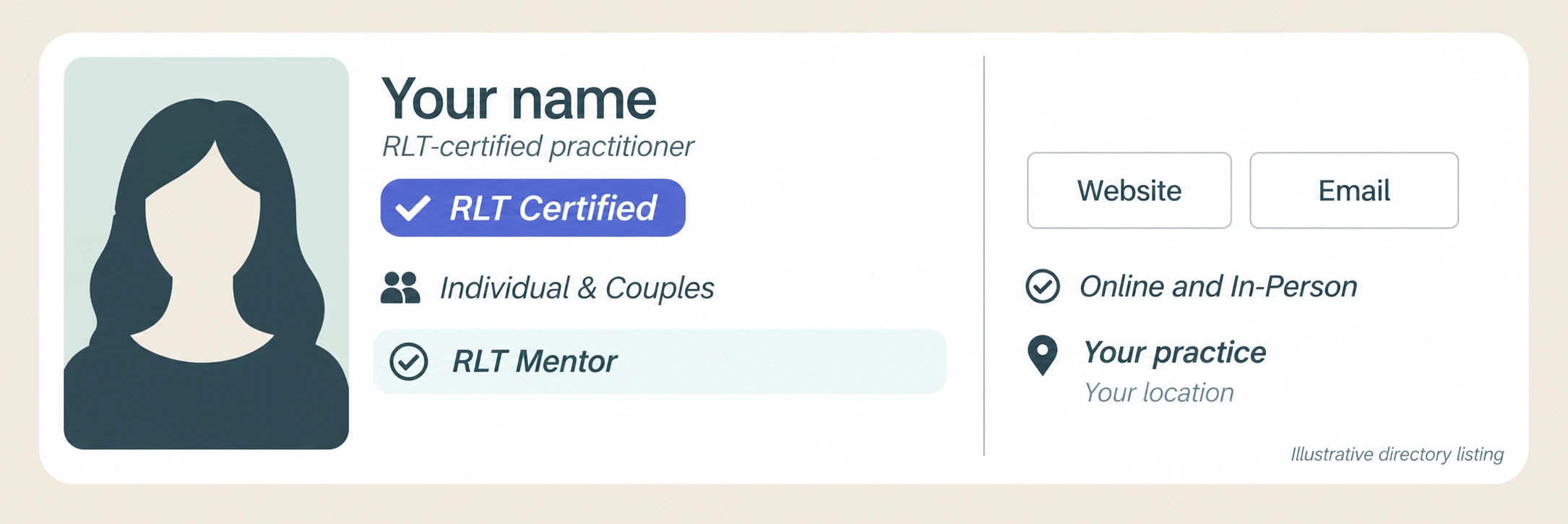 Illustrative RLT Directory profile showing Your name and the RLT Mentor designation; no real practitioner details