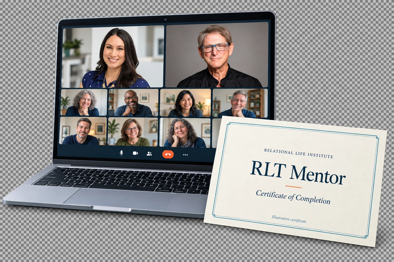 Illustrative laptop training with Desirae Ysasi and Terry Real beside an RLT Mentor certificate mockup